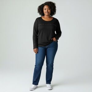 NWT Slim Factor Women’s Plus 3X Black Studded Long Sleeve Stretch Knit Tunic Top